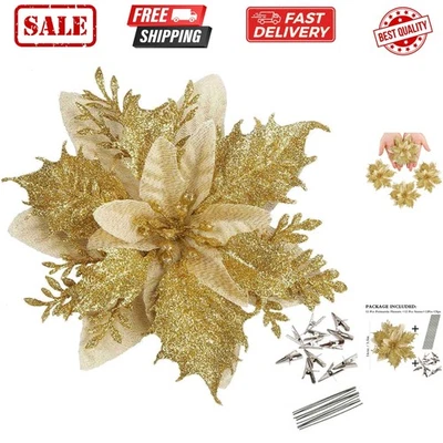 12 Piezas Flores Artificiales Navidad Brillo Poinsettia 5.5" con Clips Tallos... Foto 1 de 4