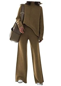 Women's 2 Piece Lounge Sets Pullover Sweater and Wide Leg Pants Medium Brown - Picture 1 of 6
