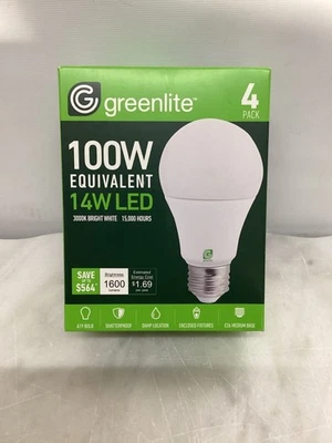 Greenlite 100W Equivalente LED 14W 4 Pack 3000K A19 1600 Lumens Bright White - Image 1 of 4