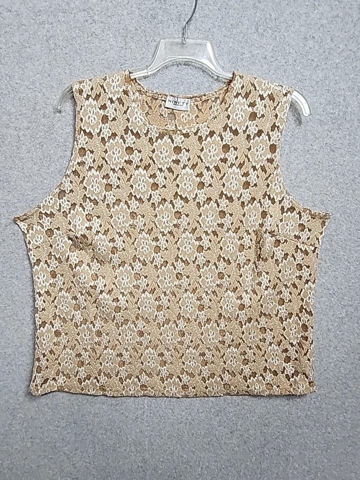 ninety woman 3X sleeveless floral net top Brown Beige Stretch - Image 1 of 4