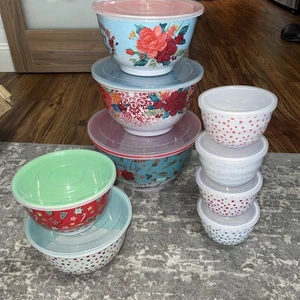 Pioneer Woman Christmas Happy Holidays Cheerful Rose Melamine Bowl Set 18Pcs Lid - Picture 1 of 7