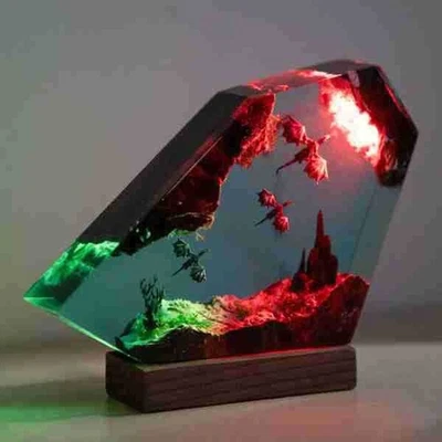 Ice and Fire Dragon-Night Light Epoxy Resin Lamp Wood Base Home Decor Xmas Gift