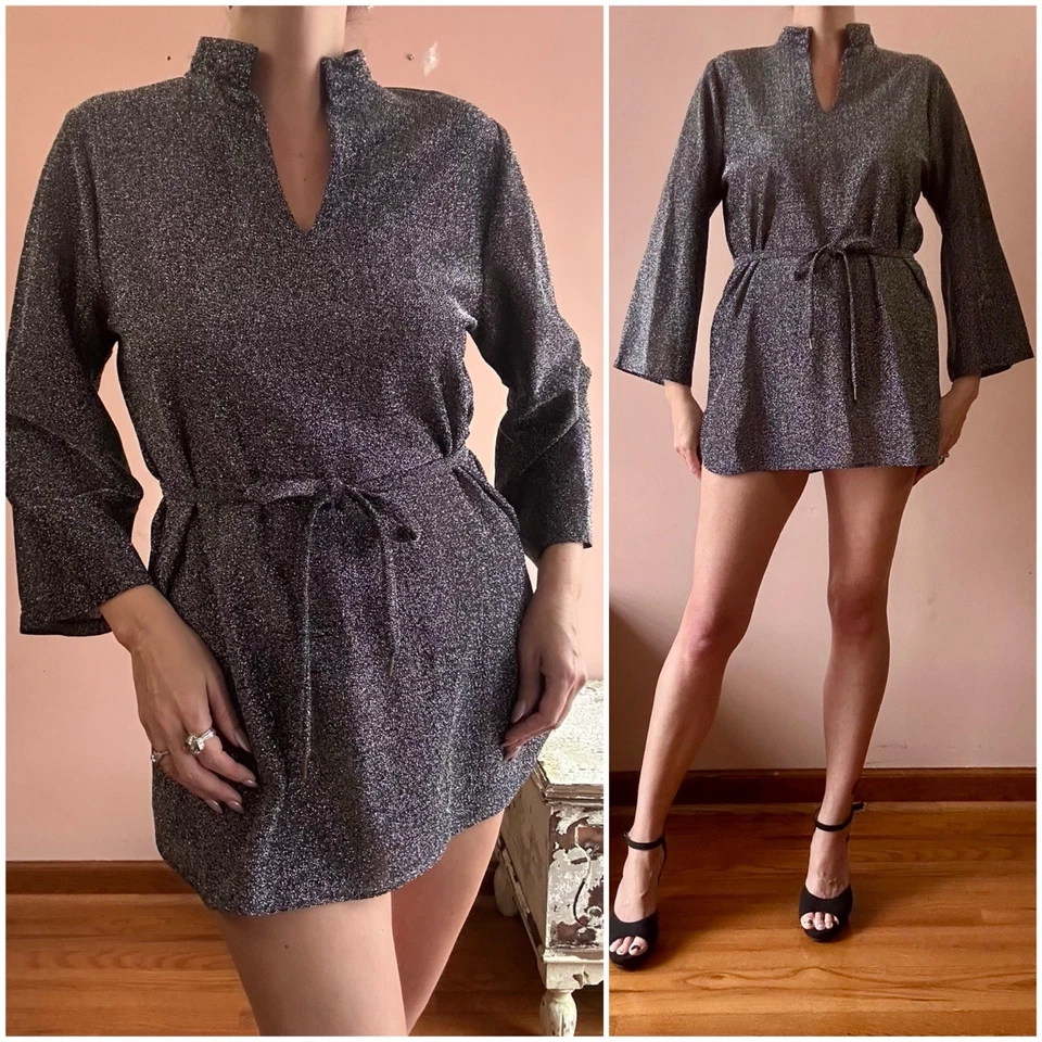 Mini Vestido Túnica Micro Brillante Vintage Años 70 Brillante Disco Fiesta Manga Campana M L Foto 1 de 4