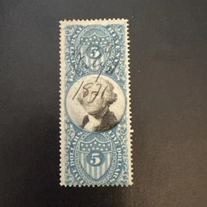 Us Scott #R127 $5 Second Issue Blue & Black George Washington 1871 Used Uncut - Picture 1 of 2