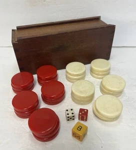 Vtg 1930’s Backgammon Bakelite Game Chip Dice Set Red Cream - Picture 1 of 22