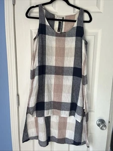 Gershon Bram Medium Tank Linen Blend Asymmetrical Hem Plaid Long Tunic Lagenlook - Picture 1 of 14