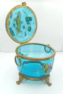 Antique Victorian Moser Blue Art Glass Handmade Salamander Hinged Dresser Box - Picture 1 of 15