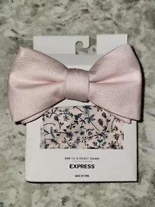 New Express Pale Pink Bow Tie & Floral Pocket Square - Picture 1 of 3
