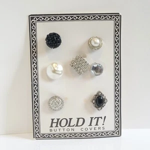 7 Vintage Hold It Silver Tone Button Covers Faux Pearl Black Beaded Rhinestone - Picture 1 of 4
