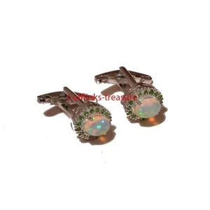 Natural Ethiopion Opal & Tsavorite Gemstones 925 Sterling Silver Cufflinks #0490 - Picture 1 of 3