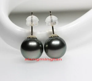 Top 18K Gold 12-13MM ECHTE RUNDE Natur SÜDMEER schwarz PERLENSTECKER OHRRINGE - Bild 1 von 5
