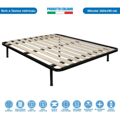 COMPRARREDO Rete matrimoniale 160x190 a doghe verticali telaio in metallo solido e 5 piedi