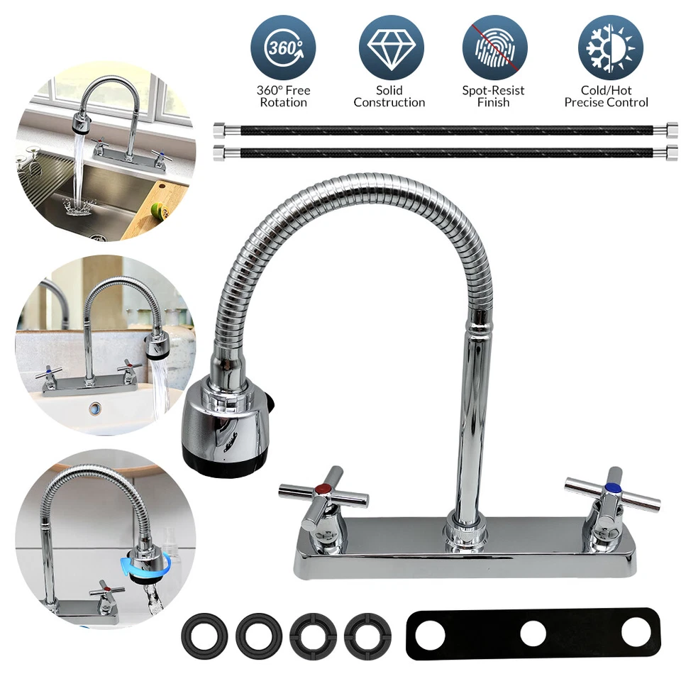 Grifo de fregadero de cocina con asas dobles grifo mezclador frío y caliente rociador giratorio 360° Foto 1 de 4