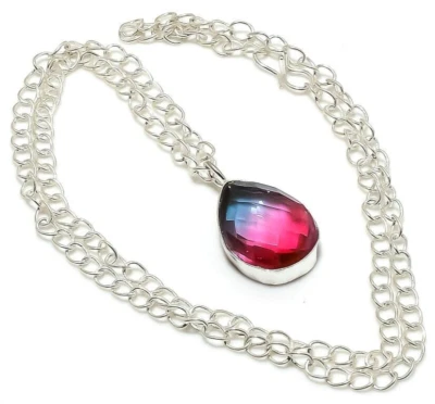 Bi Color Tourmaline Gemstone 925 Sterling Silver Handmade Jewelry Necklace 18" - Image 1 of 4