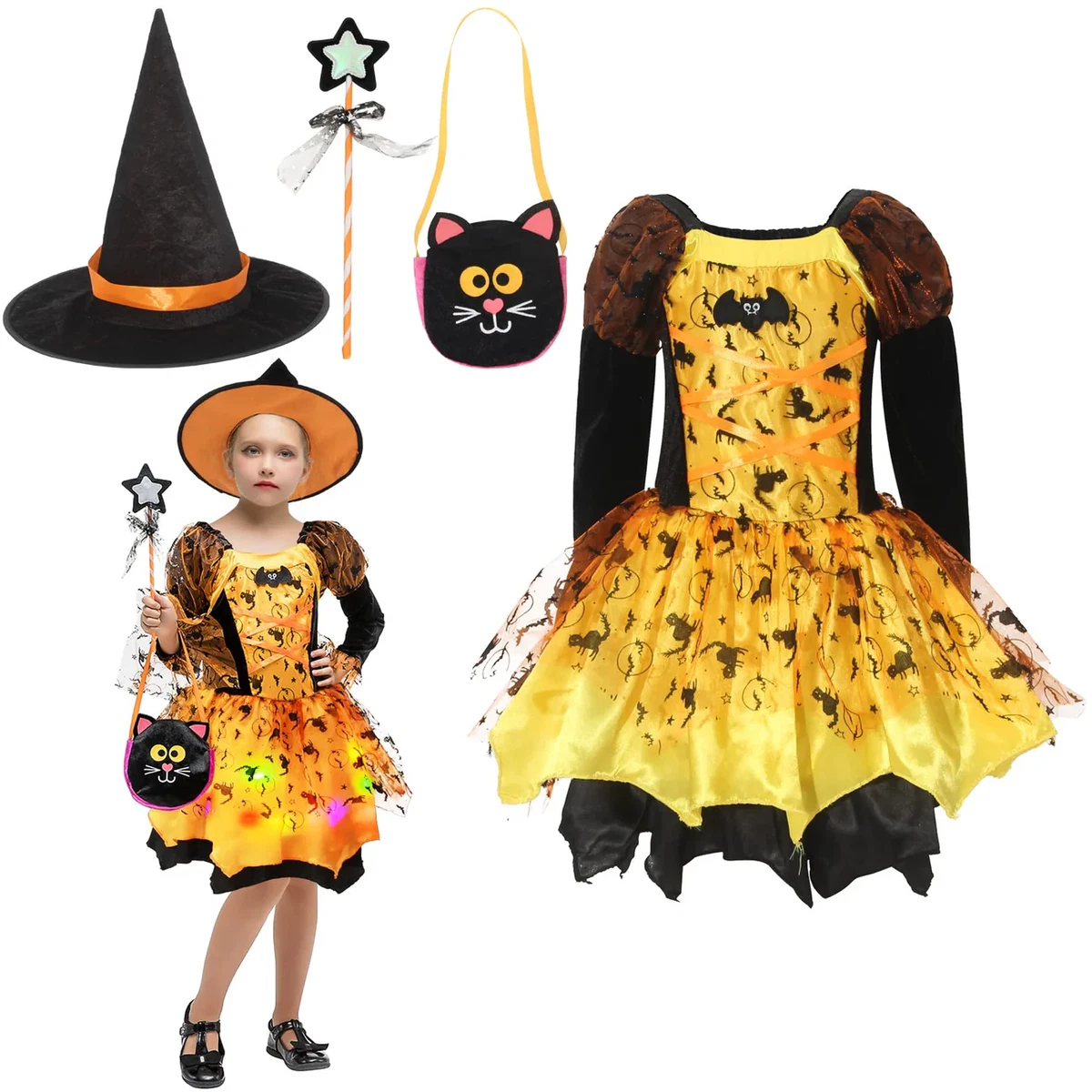 Girls Halloween Costume Dress With Witch Hat - Pumpkin Ghost Skull Print Fancy Party Outfit