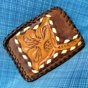 Western SW Floral Blossom Leather Belt Buckle Artisan Handmade Vtg 80s   .DBD560 - Picture 1 of 7