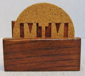 Set of 6 Cork Round Coasters MTM in Wooden Holder  - Picture 1 of 6