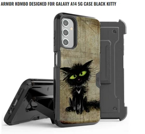 BLACK GREEN KITTY CAT RUGGED STAND COVER CASE Clip For GALAXY A14 5G - Picture 1 of 2