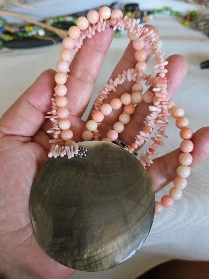 Sally C Treasures Angel Skin Pink Coral Necklace Abalone Shell Pendant Silver925 - Image 1 of 4