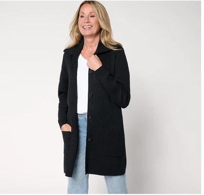 Denim & Co. Pequeño Botón Frontal Suéter Túnica Cárdigan Negro XXSP A699874 Foto 1 de 2