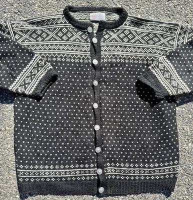 Vintage Birdseye Fair Isle Handknit Norwegian Wool Cardigan Sweater XL Black - Image 1 of 4