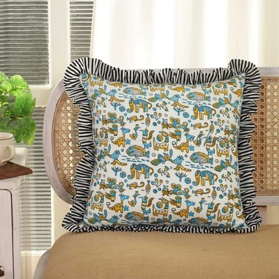 Boho Block Print Frills Cushion Cover/ Handmade Cotton Bed Throw Pillows - Image 1 of 4