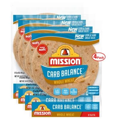 MISSION FOODS Mission Carb Balance 6" Fajita Whole Wheat Tortillas 8 Ct, 8 oz. - 4 Pack | Keto