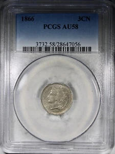 1866 Three Cent Nickel PCGS AU58 Circulated Type Coin - Picture 1 of 2