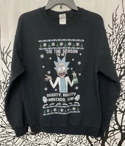 Rick and Morty Black Ugly Christmas Sweater Sweatshirt Snowflakes Medium - Picture 1 of 2
