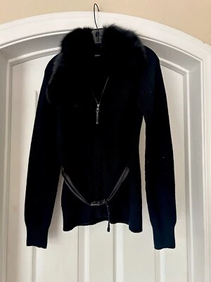 普拉达女式复古黑色羊毛毛皮皮革腰带拉链毛衣尺寸 44 M — 第 1/4 张图片