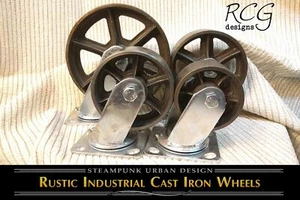 (4",5",6",8") Set of 4 Industrial Cast Iron Factory Cart Caster Wheels Rustic - Picture 1 of 8