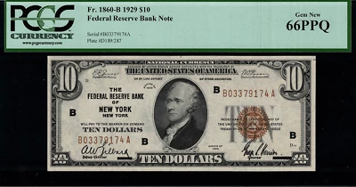 1929 $10 Federal Reserve Bank Note - New York - FR.1860-B - Graded PCGS 66PPQ - Image 1 of 2