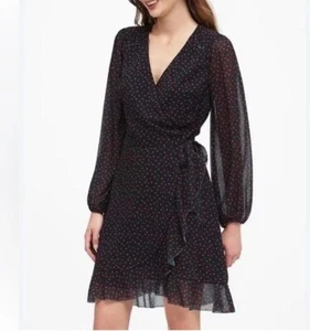 Banana Republic Wedding Guest Heart Twee Y2K Valentine Mini Wrap Dress Black 2 - Picture 1 of 12