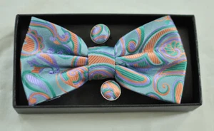 men's Alizeal bow tie cufflinks pocket square floral green orange 100% polyester - Picture 1 of 4