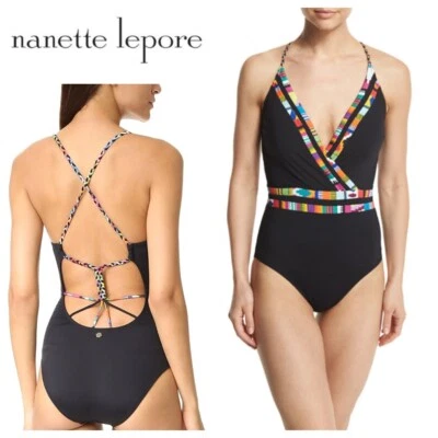 Maiô Nanette Lepore Mambo médio 8 10 uma peça. Acabamento arco-íris preto com tiras jj - Imagem 1 de 4