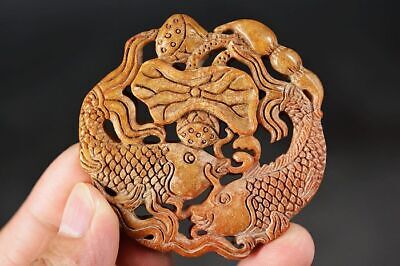 Exquisite Chinese Old Jade Hand Carved *Lotus Leaf/Fish* Pendant Y02 • 7.55$