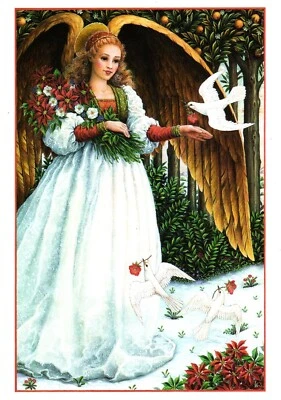 Tarjeta de Navidad Feliz Navidad Lynn Bywaters Alas de Ángel Paloma Blanca Poinsettia Foto 1 de 3