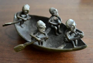 Vintage 1935 Brass Ashanti African Tribal Figurine Boat Canoe Original Label - Picture 1 of 7