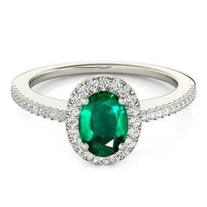 1.00 ct. Genuine Oval Emerald Ring With 0.20 ct. G-VS1 Diamonds -18K White Gold - Picture 1 of 6