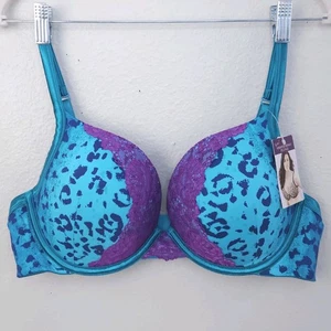 CACIQUE Smooth Boost Plunge Bra 40C Turquoise Blue Purple Lace Cheetah Leopard - Picture 1 of 6