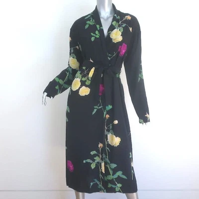 Dries Van Noten Denti Tie-Waist Kimono Dress Black Floral Print Silk Size 38 - Image 1 of 4