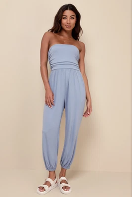 Lulus Women Flawless Comfort Light Blue Ruched Strapless Jogger Jumpsuit Large - Image 1 of 3