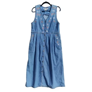Abito denim Jane Ashley vintage anni 90 donna taglia grande ricamato floreale bottoni - Foto 1 di 7
