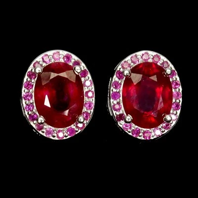 925 Sterling Silver Earrings Oval Ruby 8x6mm Ruby Diamond Cut Gemstone Jewelry - Image 1 of 4