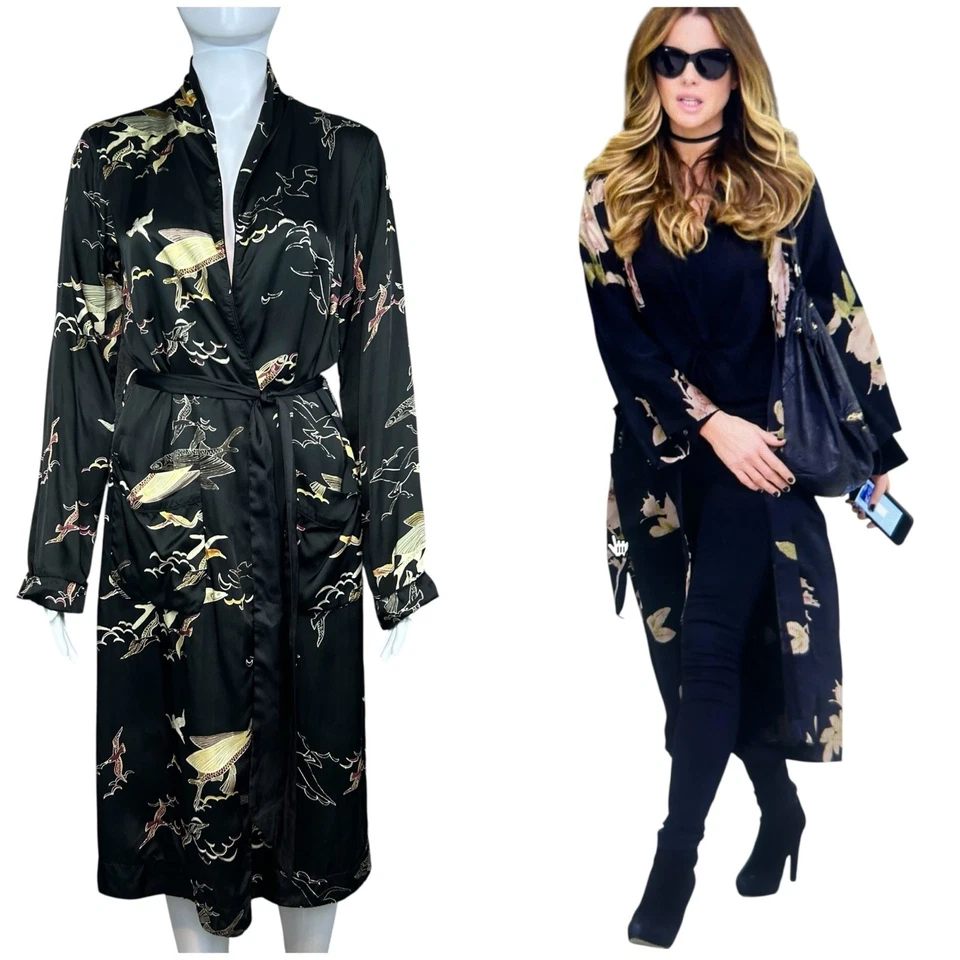 Aritzia Wilfred Estampado Pilier Kimono Chaqueta Bata Satinada XS Peces Pájaros Cinturón Foto 1 de 4