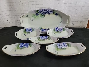 Takito T&T Japan Hand Painted Porcelain Violets Berry Bowl & Plates 6 Pc 1920-30 - Picture 1 of 12