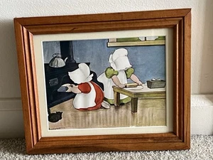 Antique Sunbonnet Babies “Baking Day” Wood Framed Print 1904 10.5” x 8.75” - Picture 1 of 8