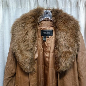 Terry Lewis Damen Gr. S braun Thermolite Leder Pelzkragen Trenchcoat Vintage - Bild 1 von 9