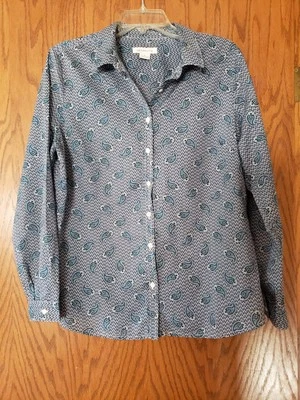 Liz Claiborne Women Long Sleeve Shirt L Blue Paisley Casual Top Cotton Soft Lady Foto 1 de 4