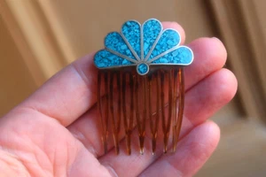 Vintage Mexican Alpaca Silver + Crushed Turquoise Hair Comb Slide - Picture 1 of 2